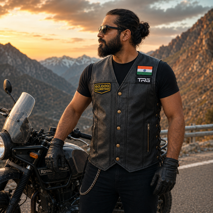 Rider wearing 60,000 Kilometres embroidered patch on black leather vest beside motorcycle in mountain setting