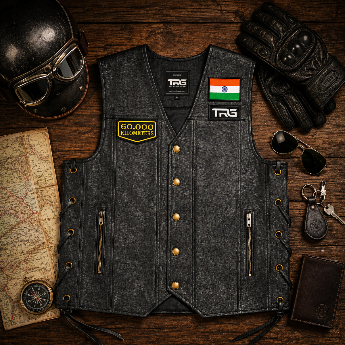 60,000 Kilometres embroidered patch on black leather vest with helmet, gloves, map and motorcycle riding accessories