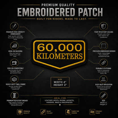 60,000 Kilometres embroidered patch infographic showing high-density embroidery, iron-on backing, sew-on compatibility and durable stitching