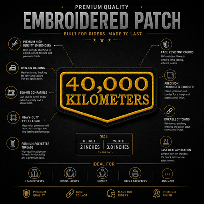 40 Thousand Kilometres embroidered patch feature infographic with iron-on sew-on backing and premium embroidery