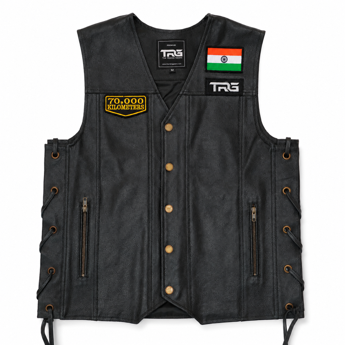 70 Thousand Kilometres embroidered patch displayed on black leather riding vest with Indian flag patch