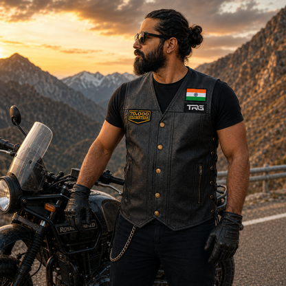 Motorcycle rider wearing 70 Thousand Kilometres embroidered patch on black leather vest during mountain ride