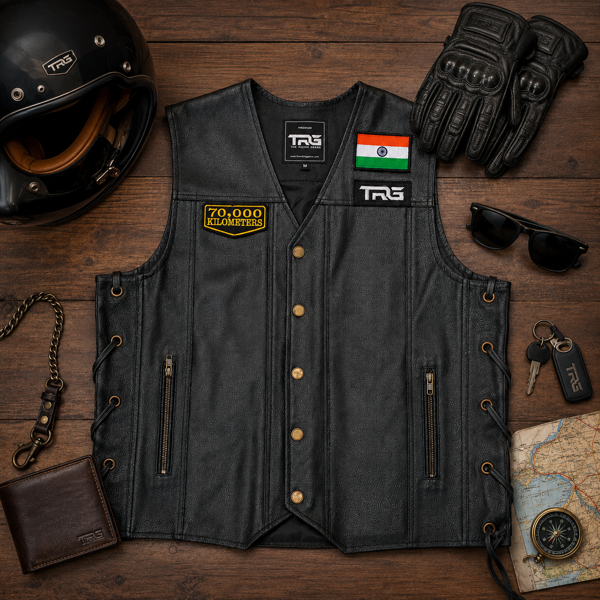 70 Thousand Kilometres embroidered patch displayed on black leather vest with motorcycle riding accessories