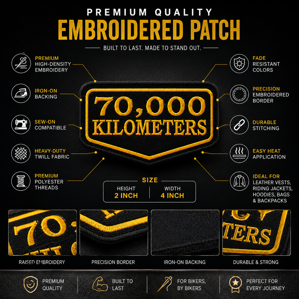 70 Thousand Kilometres embroidered patch infographic showing premium embroidery iron-on backing sew-on compatibility and durable stitching