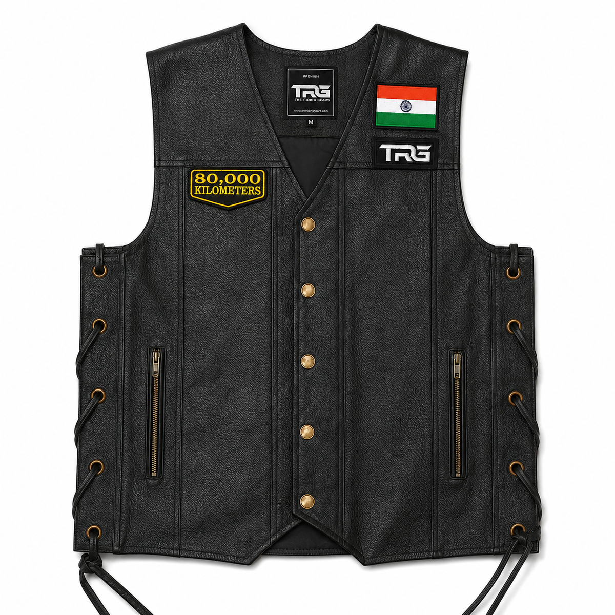 80 Thousand Kilometres embroidered patch displayed on black leather riding vest with Indian flag and TRG patch