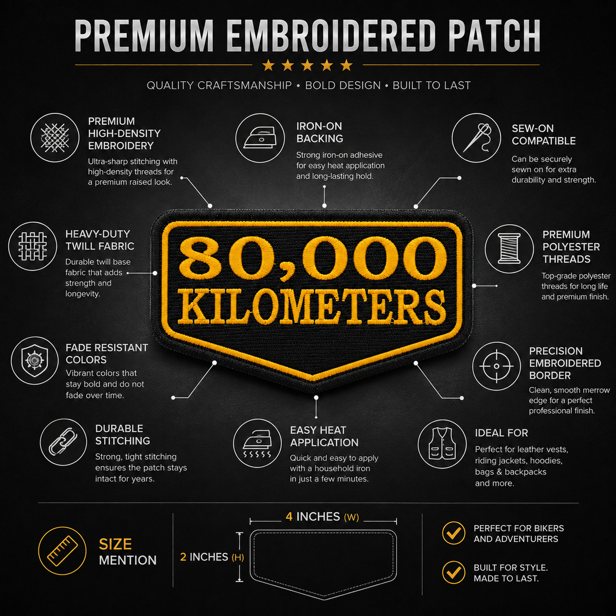 80 Thousand Kilometres embroidered patch infographic showing high-density embroidery iron-on backing sew-on compatibility and durable stitching