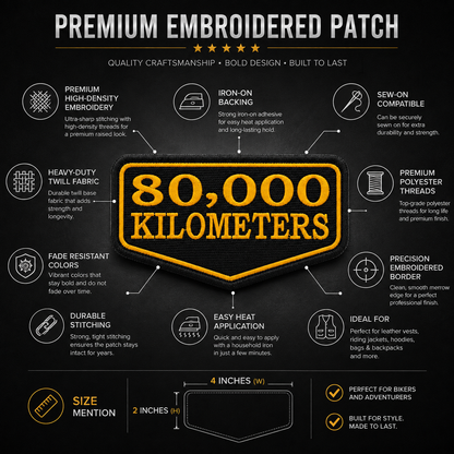 80 Thousand Kilometres embroidered patch infographic showing high-density embroidery iron-on backing sew-on compatibility and durable stitching