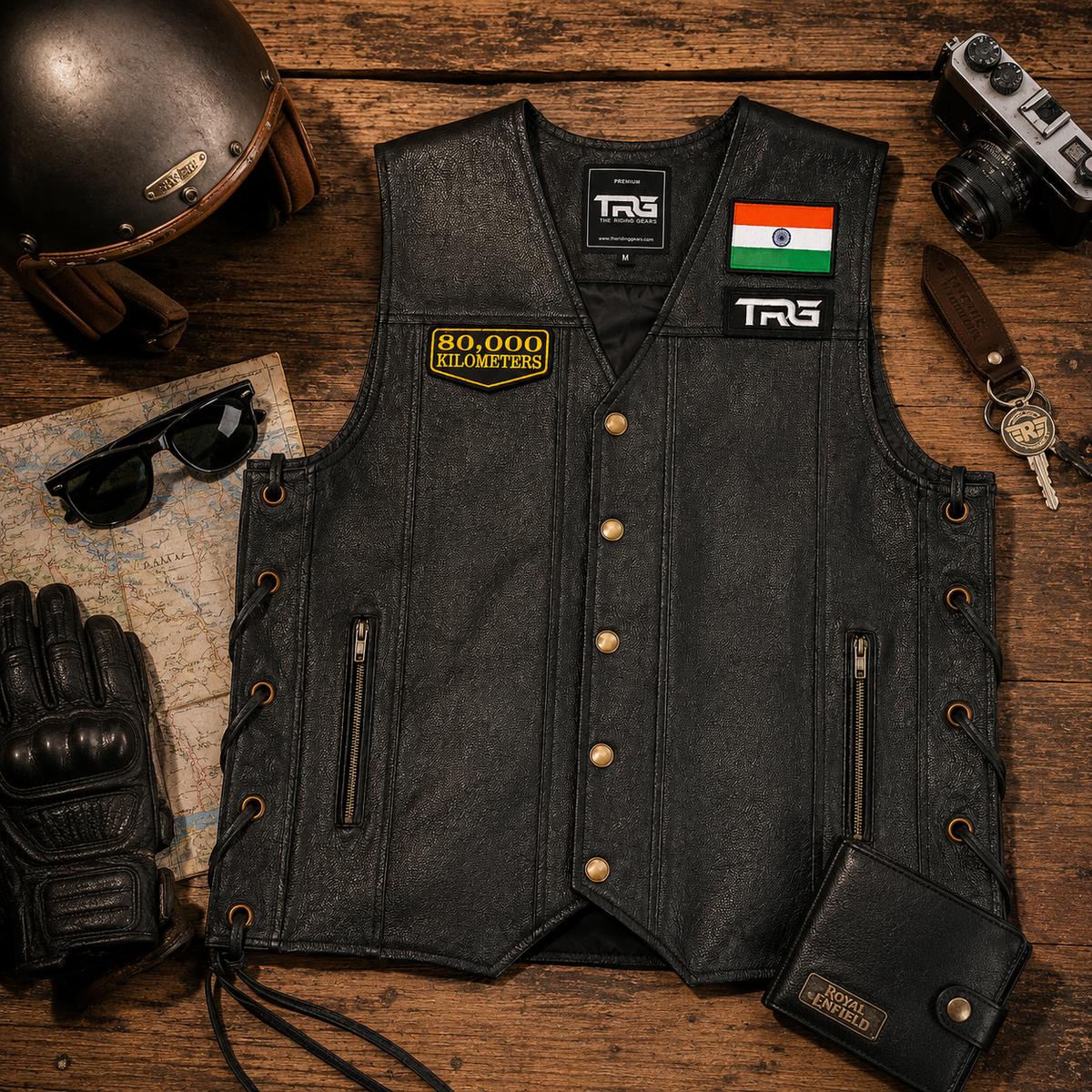 80 Thousand Kilometres embroidered patch displayed on black leather riding vest with motorcycle riding accessories