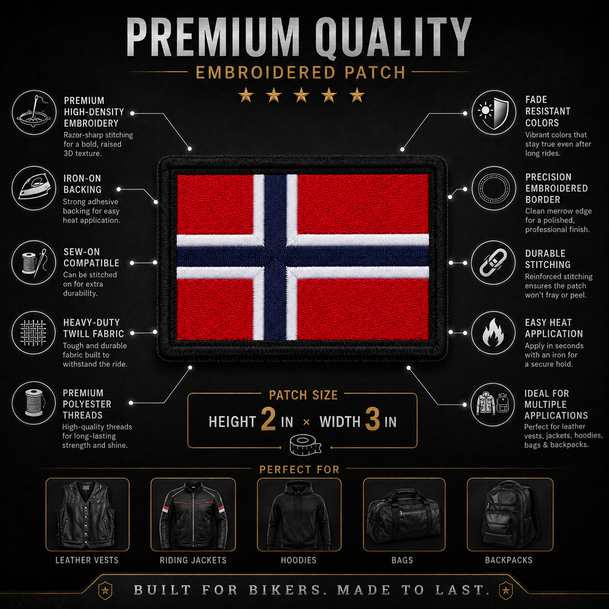 Norway Flag Embroidered Patch 2 x 3 Inch – Iron On / Sew On