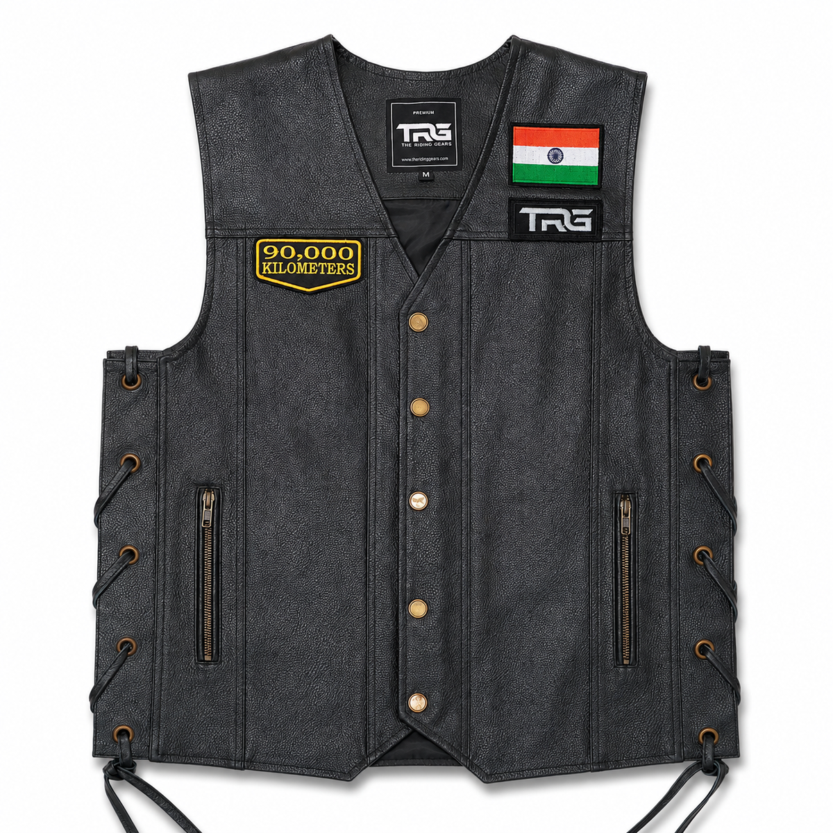 90 Thousand Kilometres embroidered patch displayed on black leather biker vest with Indian flag and TRG patch