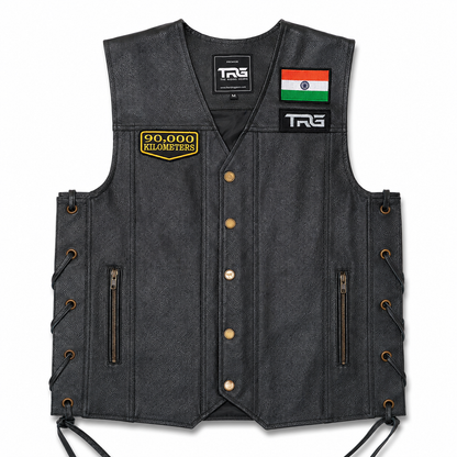 90 Thousand Kilometres embroidered patch displayed on black leather biker vest with Indian flag and TRG patch