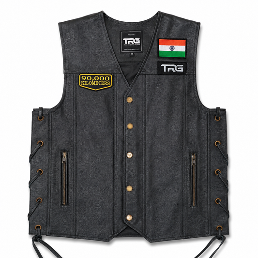 90 Thousand Kilometres embroidered patch displayed on black leather biker vest with Indian flag and TRG patch