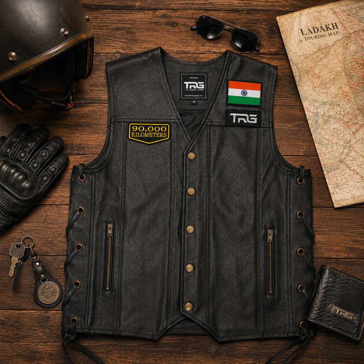 90,000 Kilometres embroideredpatch displayed on black leather motorcycle vest with riding accessories
