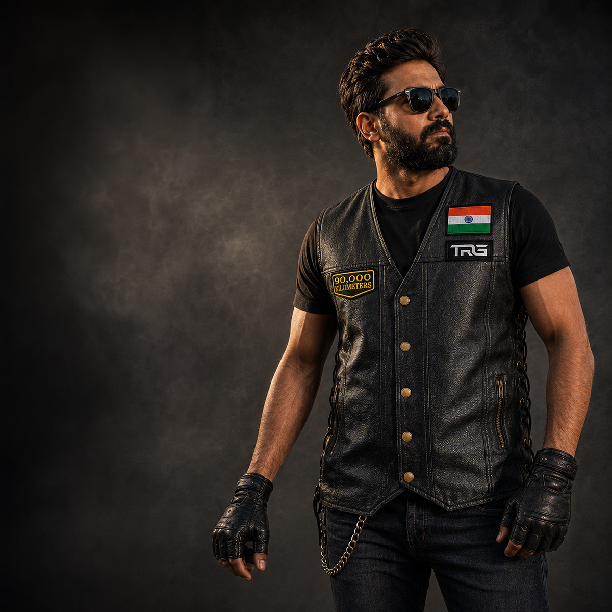 Biker wearing 90,000 Kilometres embroidered patch on black leather motorcycle vest in premium studio setting