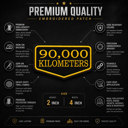 90,000 Kilometres embroidered patch infographic showing high-density embroidery, iron-on backing, sew-on compatibility and premium stitching