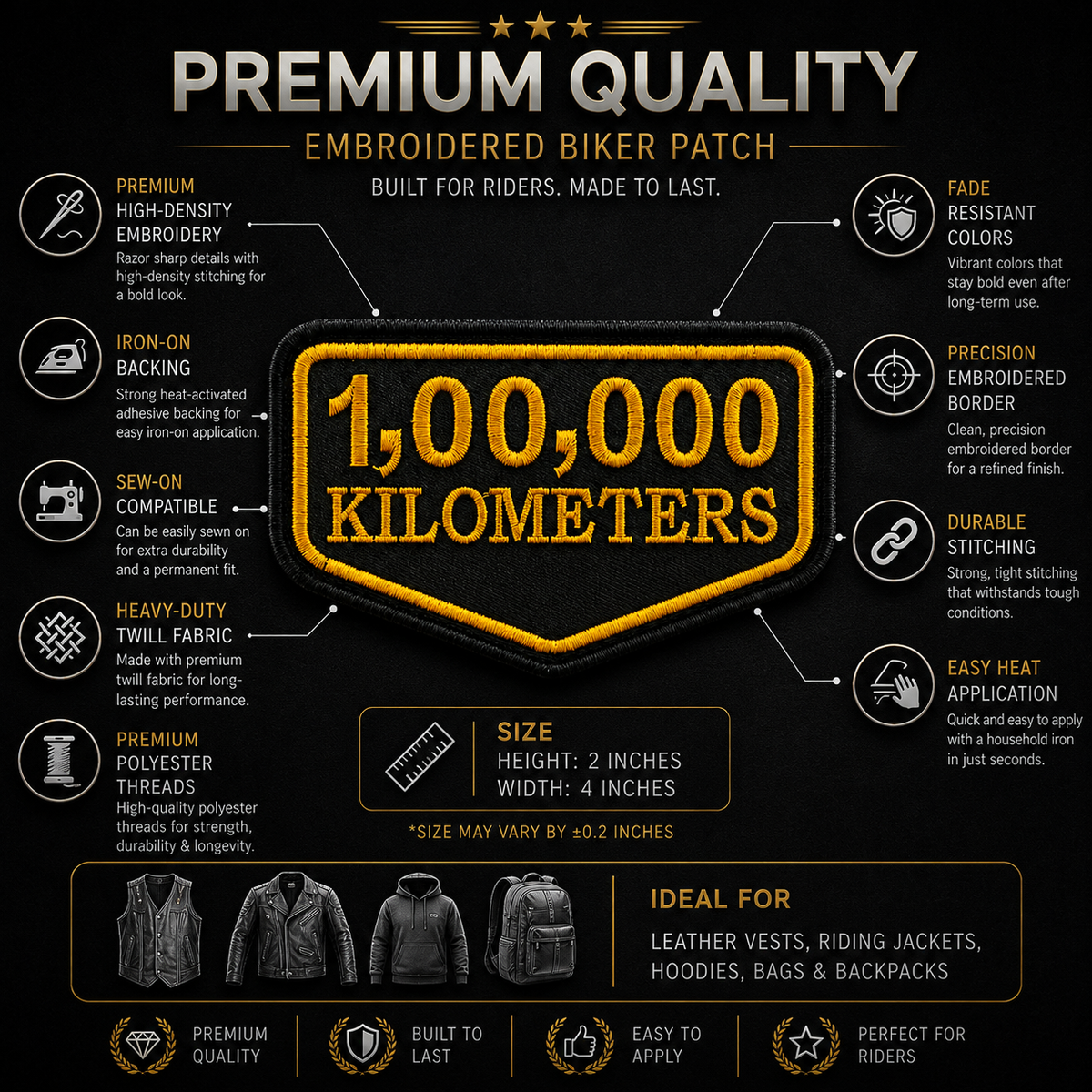 1 Lakh Kilometres embroidered patch infographic showing 2 x 4 inch size, iron-on backing, sew-on compatibility and durable stitching