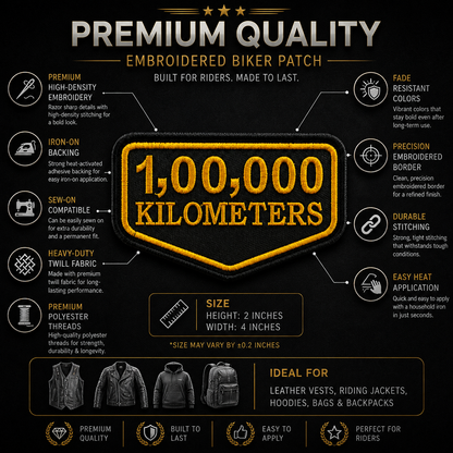 1 Lakh Kilometres embroidered patch infographic showing 2 x 4 inch size, iron-on backing, sew-on compatibility and durable stitching