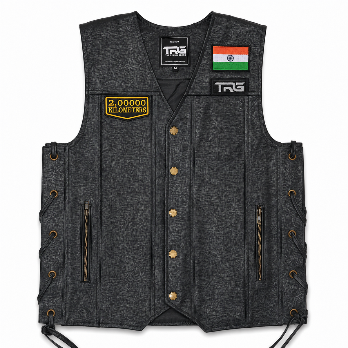 2 Lakh Kilometres embroidered patch displayed on black leather riding vest with Indian flag patch