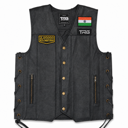 2 Lakh Kilometres embroidered patch displayed on black leather riding vest with Indian flag patch