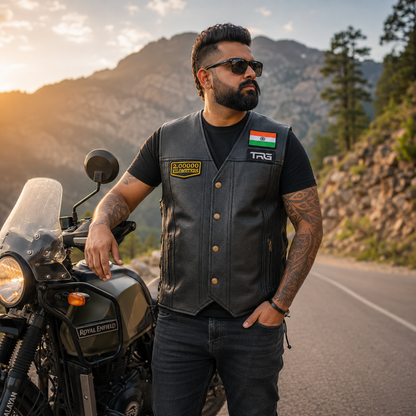 Motorcycle rider wearing 2 Lakh Kilometres embroidered patch on black leather riding vest