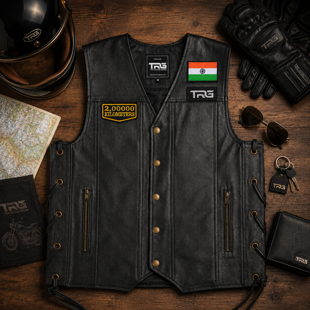 2 Lakh Kilometres embroidered patch displayed on black leather vest with riding accessories