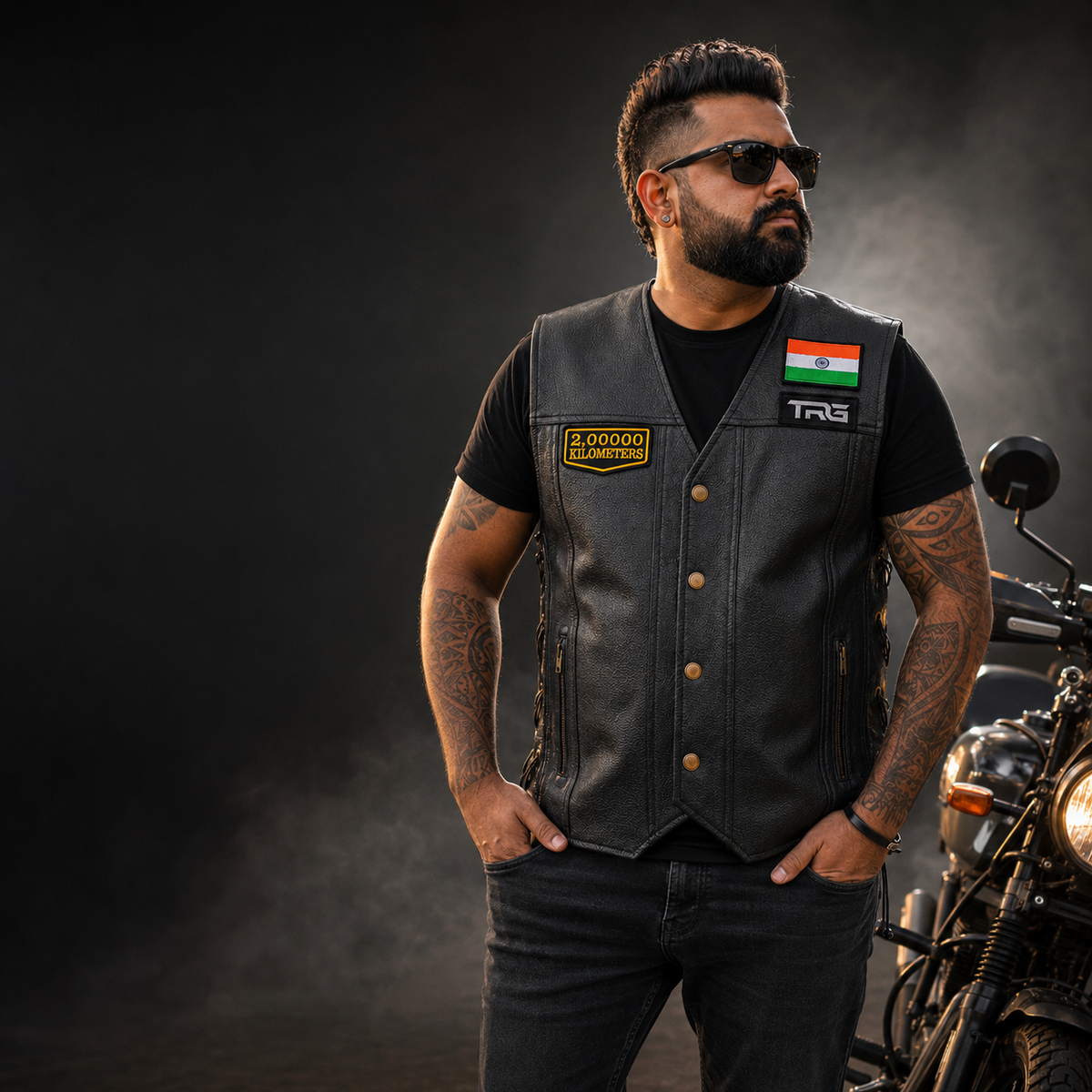 2 Lakh Kilometres embroidered patch worn by motorcycle rider on black leather vest