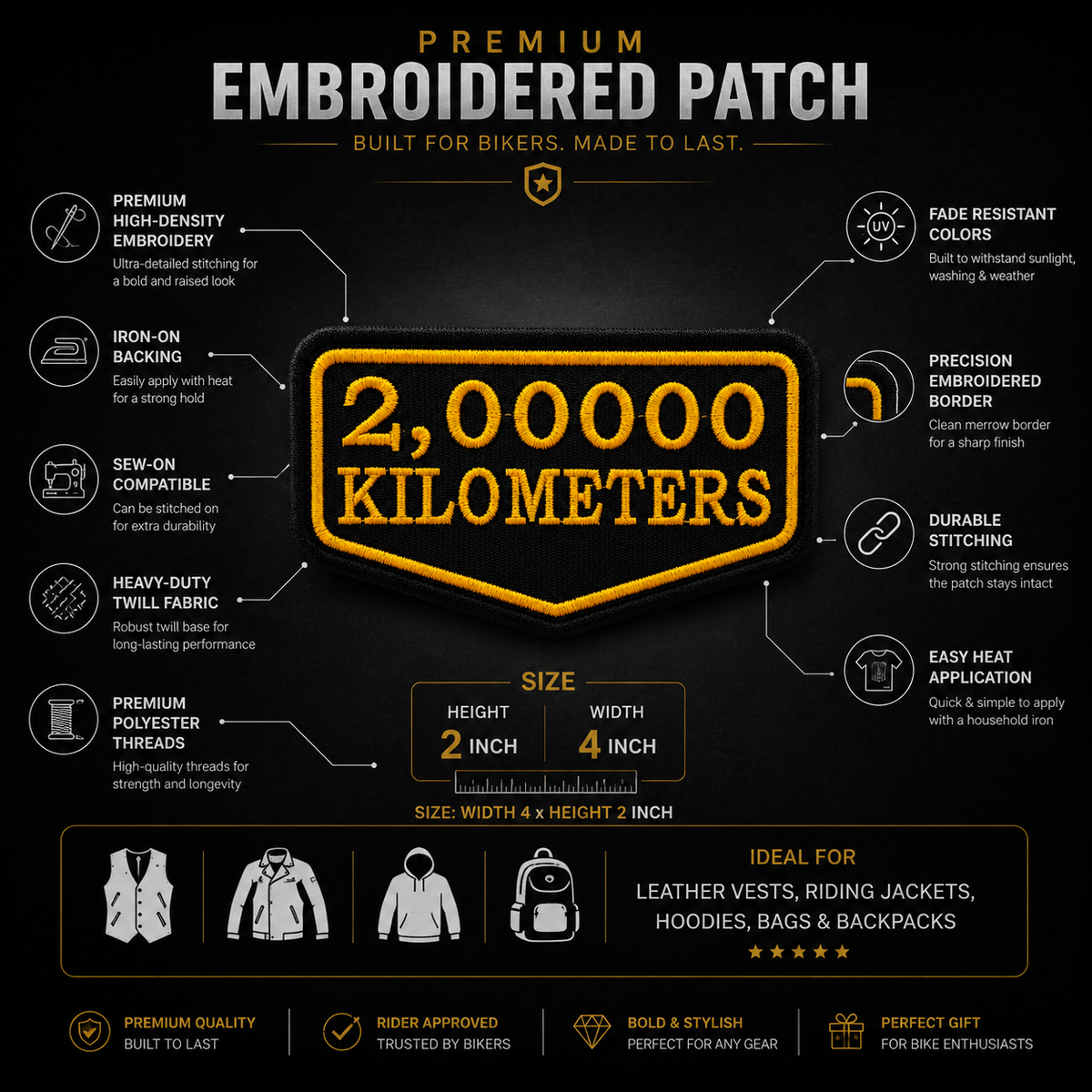 2 Lakh Kilometres embroidered patch infographic showing premium embroidery and iron-on sew-on application