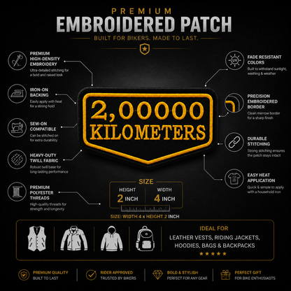 2 Lakh Kilometres embroidered patch infographic showing premium embroidery and iron-on sew-on application