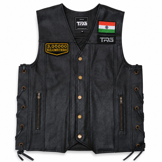 3 Lakh Kilometres embroidered patch displayed on black leather riding vest with Indian flag patch