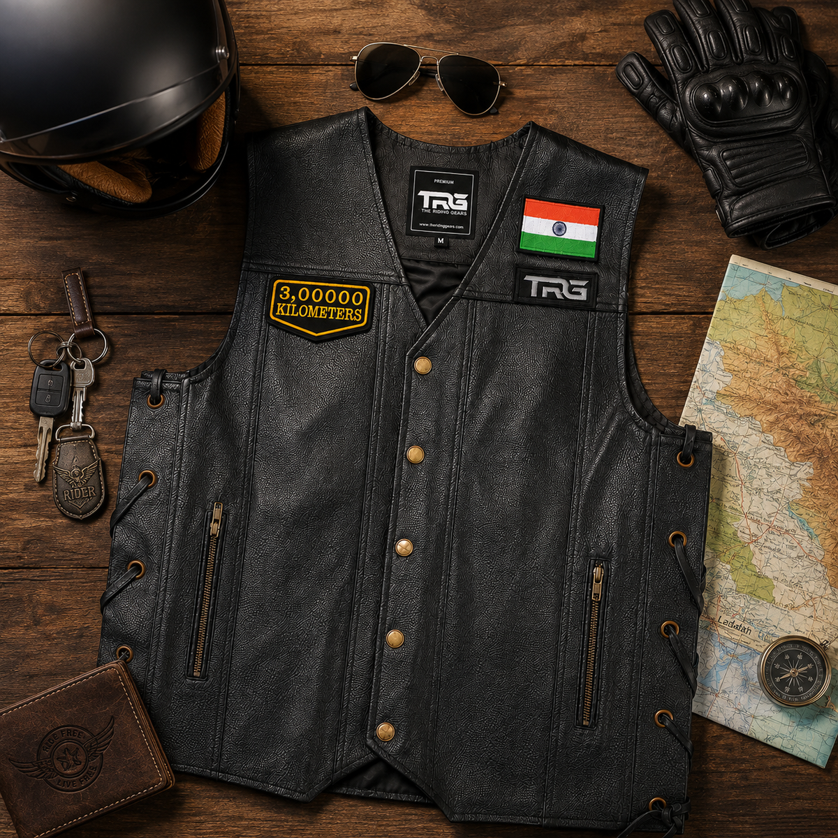 3 Lakh Kilometres embroidered patch displayed on black leather vest with motorcycle riding accessories