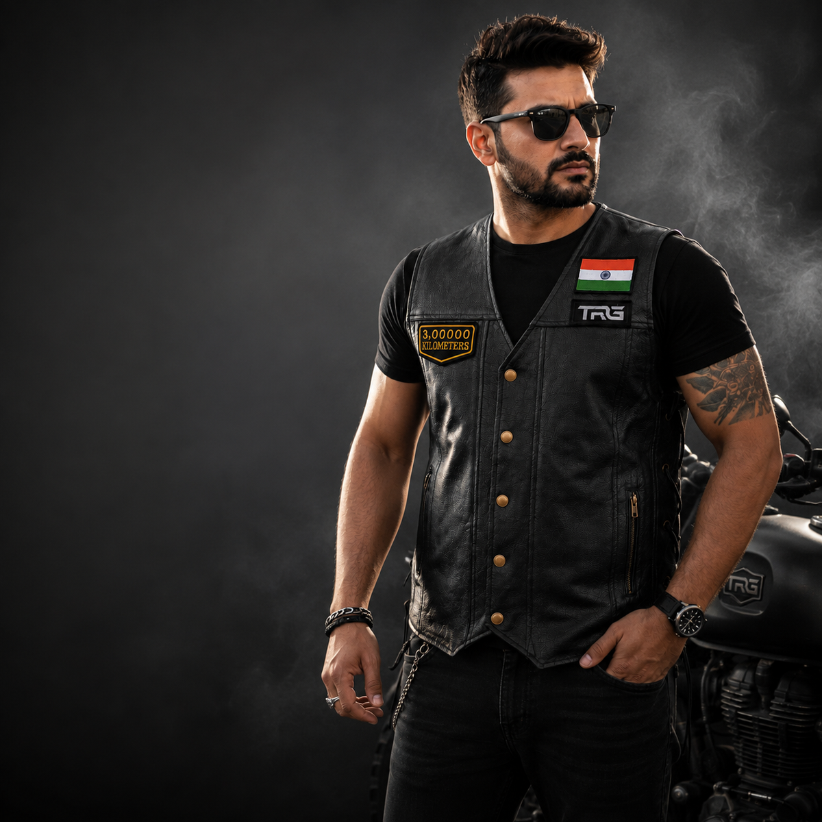 Motorcycle rider wearing 3 Lakh Kilometres embroidered patch on black leather riding vest