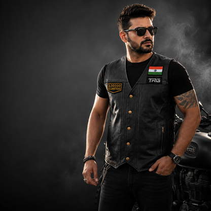 Motorcycle rider wearing 3 Lakh Kilometres embroidered patch on black leather riding vest