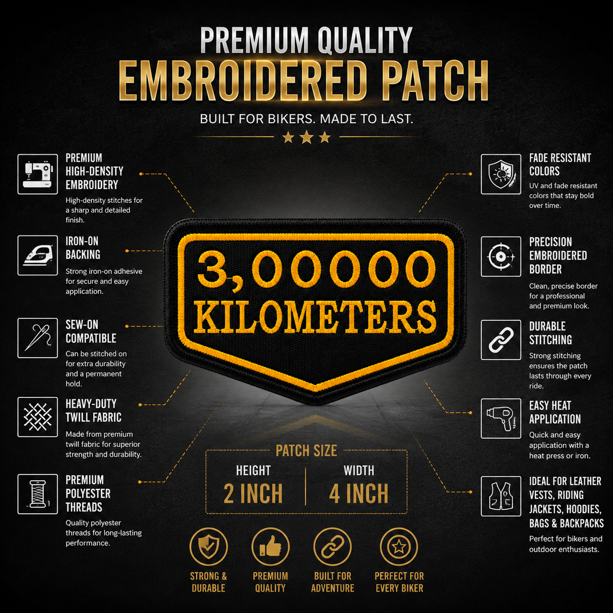 3 Lakh Kilometres embroidered patch infographic showing premium embroidery iron-on backing and sew-on compatibility