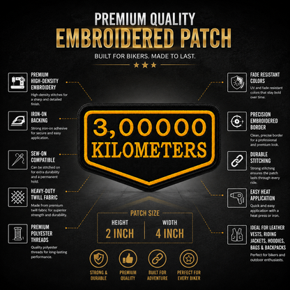 3 Lakh Kilometres embroidered patch infographic showing premium embroidery iron-on backing and sew-on compatibility