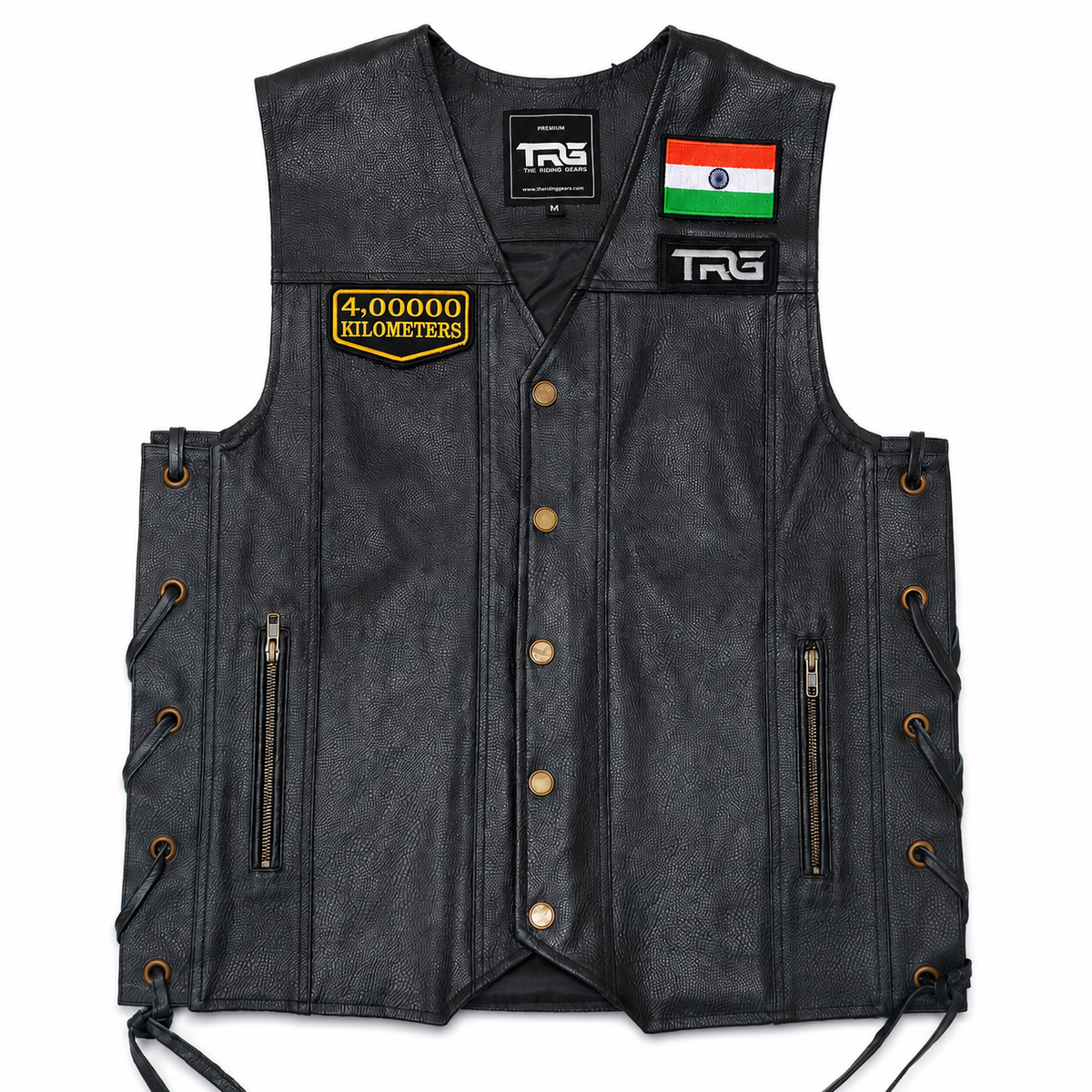 4 Lakh Kilometres embroidered patch displayed on black leather riding vest with Indian flag patch