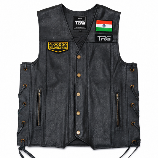 4 Lakh Kilometres embroidered patch displayed on black leather riding vest with Indian flag patch