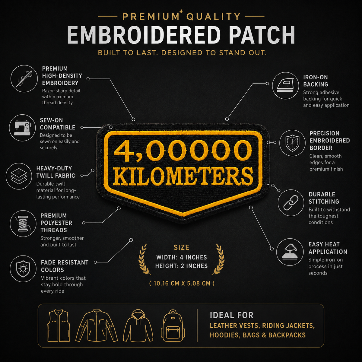 4 Lakh Kilometres embroidered patch infographic showing high-density embroidery iron-on backing sew-on compatibility and durable stitching