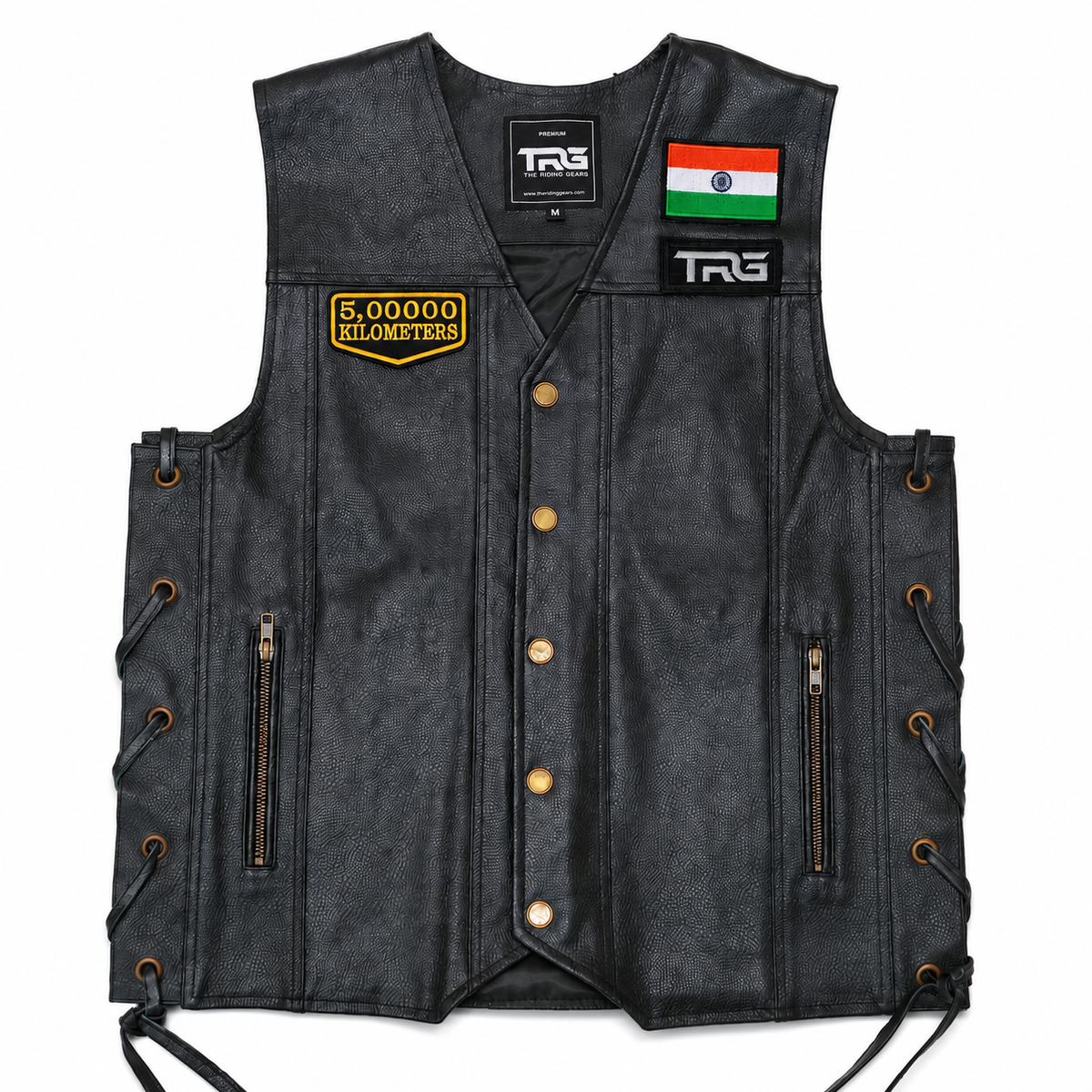 5 Lakh Kilometres embroidered patch attached to black leather motorcycle vest showing front chest placement on white background