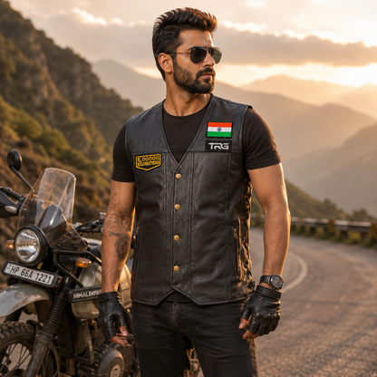 Motorcycle rider wearing 5 Lakh Kilometres embroidered patch on black leather riding vest beside adventure motorcycle on mountain road
