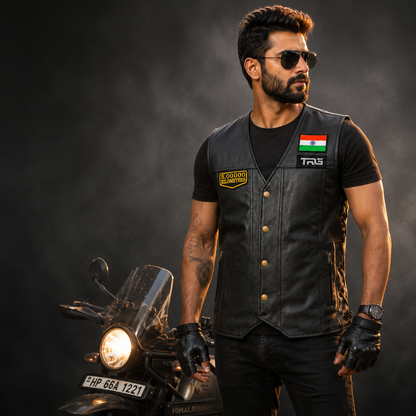 Motorcycle rider wearing 5 Lakh Kilometres embroidered patch on black leather riding vest beside adventure motorcycle in dark studio setting