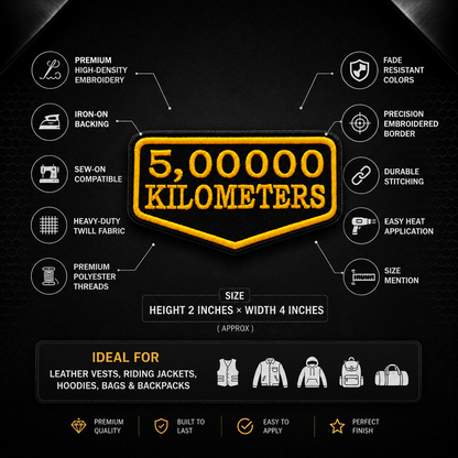 5 Lakh Kilometres embroidered patch infographic showing 2 x 4 inch size, high-density embroidery, iron-on backing, sew-on compatibility and durable stitching