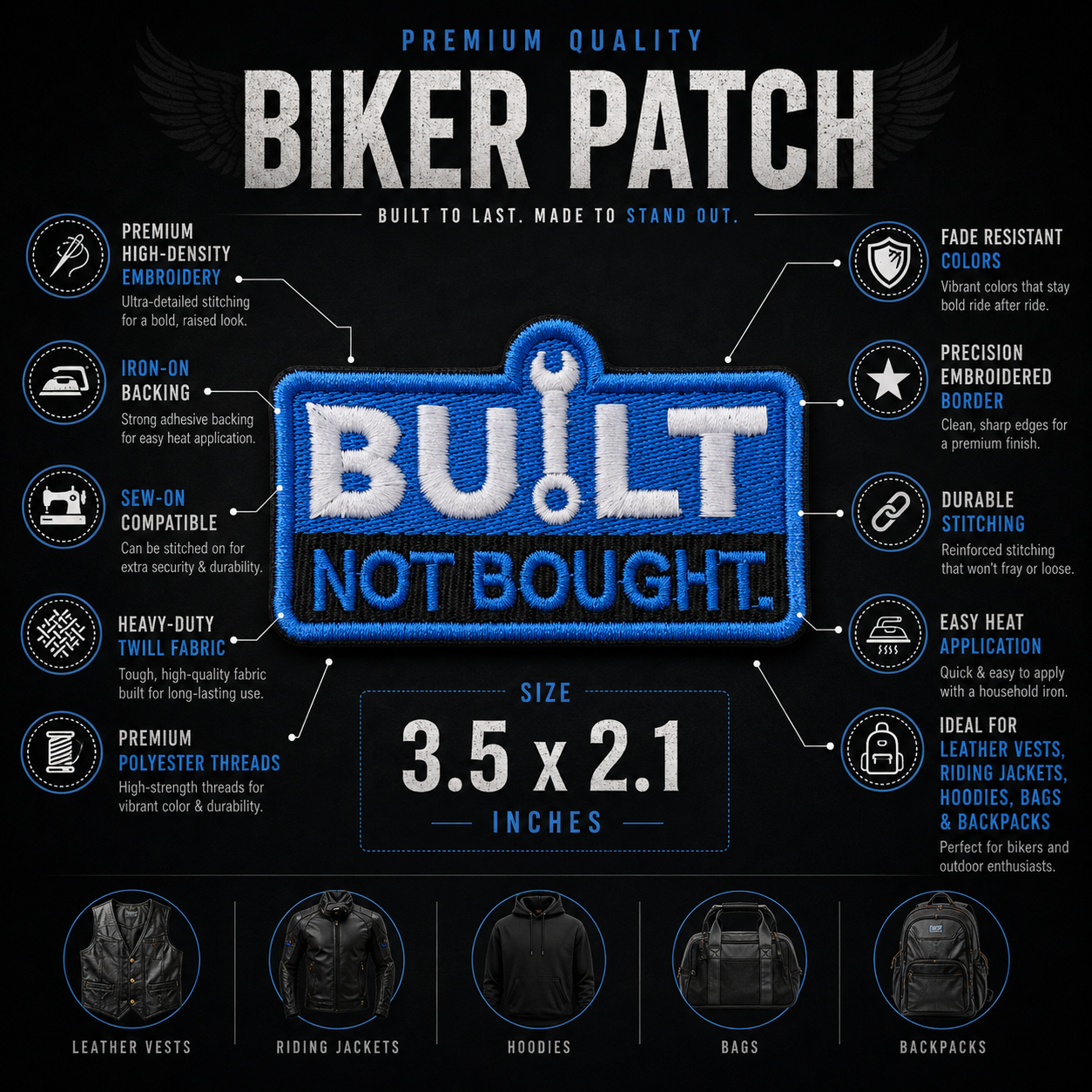 Built Not Bought Embroidered Patch, 3.5*2.1 inches