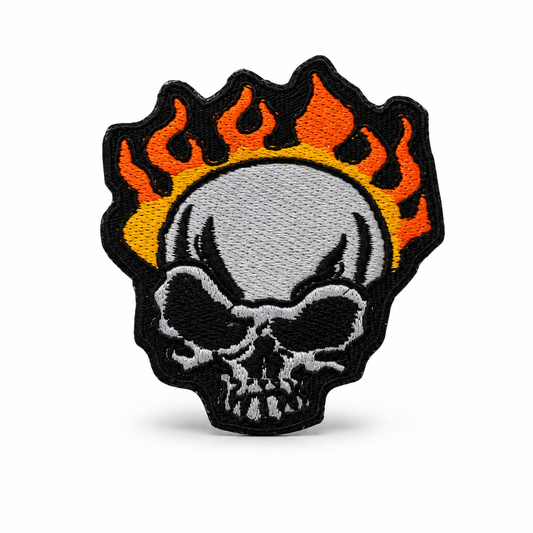 Skull With Fire Premium Embroidered Biker Patch | Iron-On & Sew-On | 2.5 × 2.7 Inches