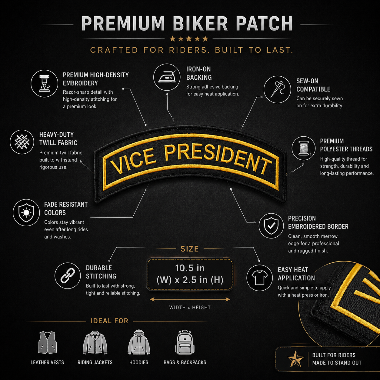 Vice President Front Embroidery Patch, 10.5*2.5 inches