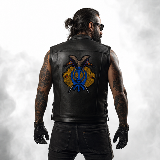 Lion With Khanda Back Premium Embroidered Patch | Iron-On & Sew-On | 10 × 9 Inches