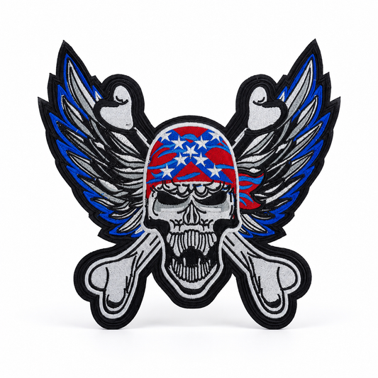 Skull With Wings Back Premium Embroidered Patch | Iron-On & Sew-On | 10.5 × 11 Inches