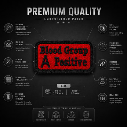 A Positive Blood Group embroidered patch infographic showing high-density embroidery, iron-on backing, sew-on compatibility and durable stitching