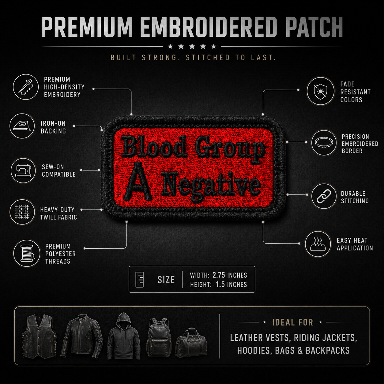 A negative blood group embroidered patch 2.75*1.5 inches