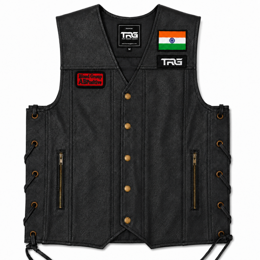 AB Positive Blood Group embroidered patch displayed on black leather biker vest with Indian flag and TRG embroidered patch