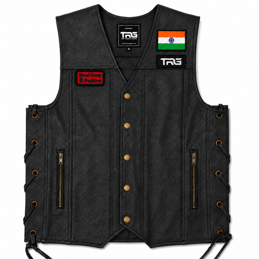 B Positive Blood Group embroidered patch displayed on black leather biker vest with Indian flag and TRG patch